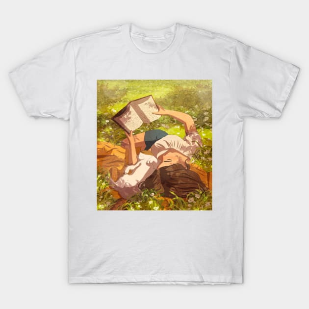 Girl reading book with cat laying on grass T-Shirt by la'lunadraw